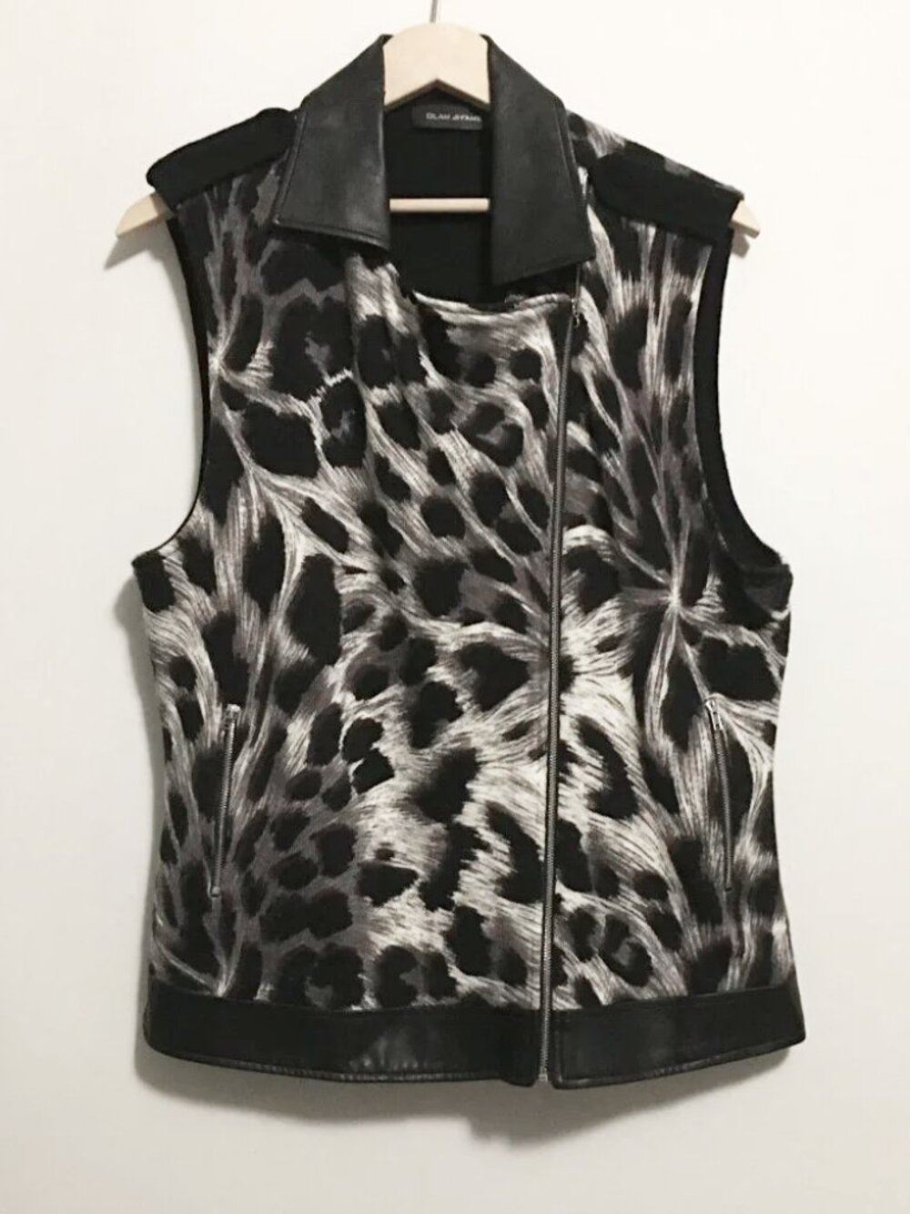 Glam & Fame Snow Leopard Rosette Wool Moto Vest - M Big Cat Rebel
